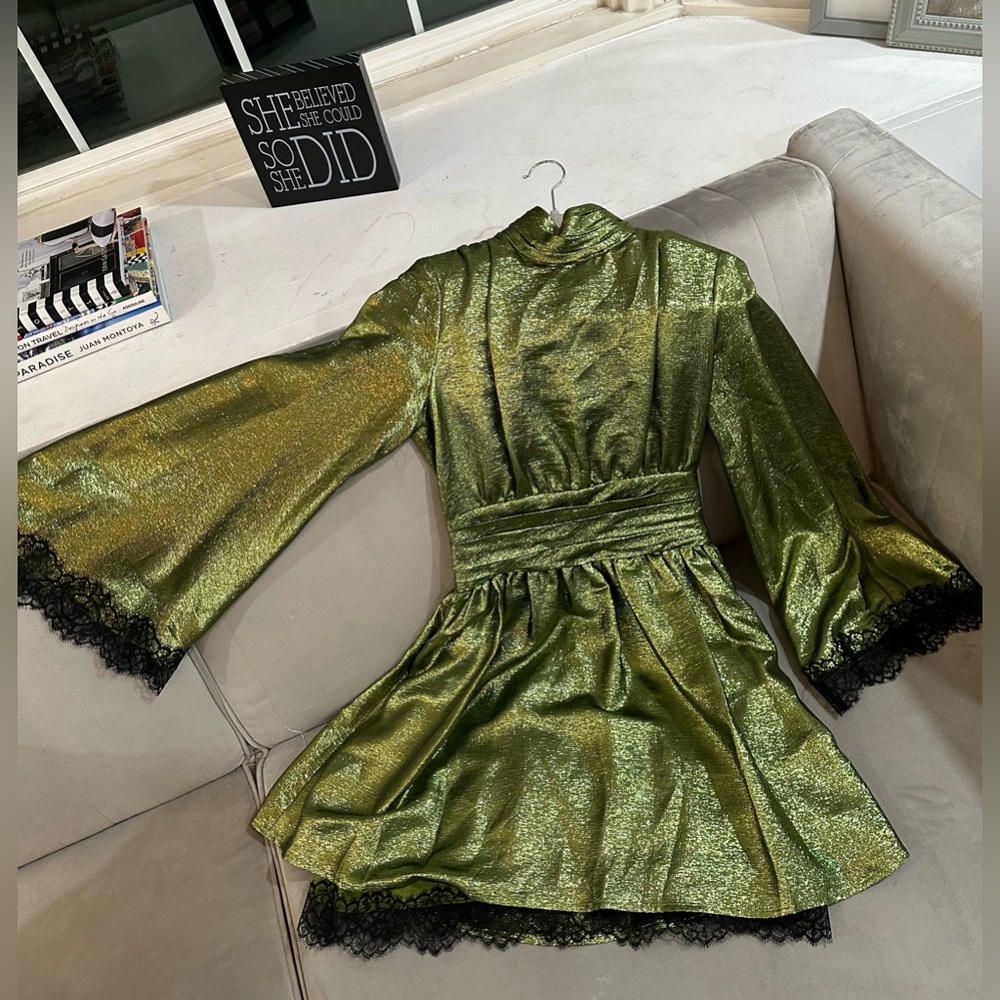 Peter Dundas Green Metallic Cocktail Dress with Lace Trim